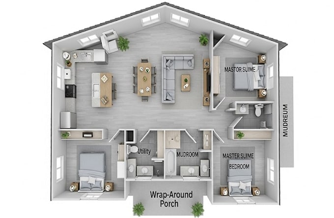 2d borndoinium layout plan, 3d rendering, pole barn cottage farmhouse design