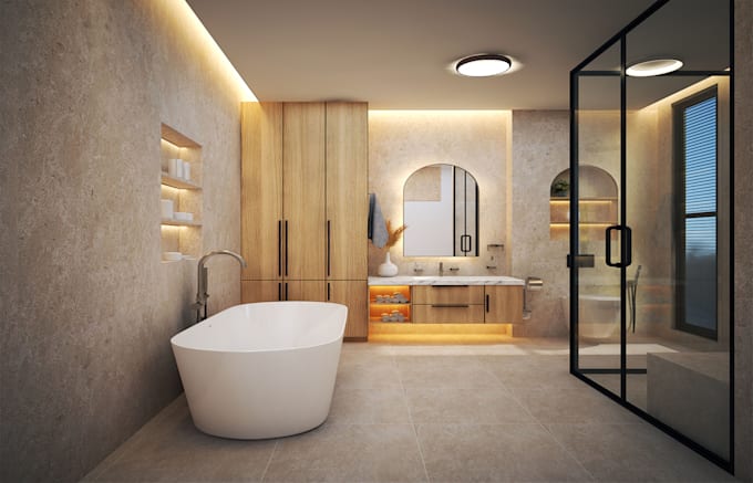 design and render a realistic 3d bathroom or kitchen interior