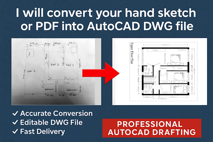 Convert your hand sketch or pdf into an autocad dwg file by Akibarch ...