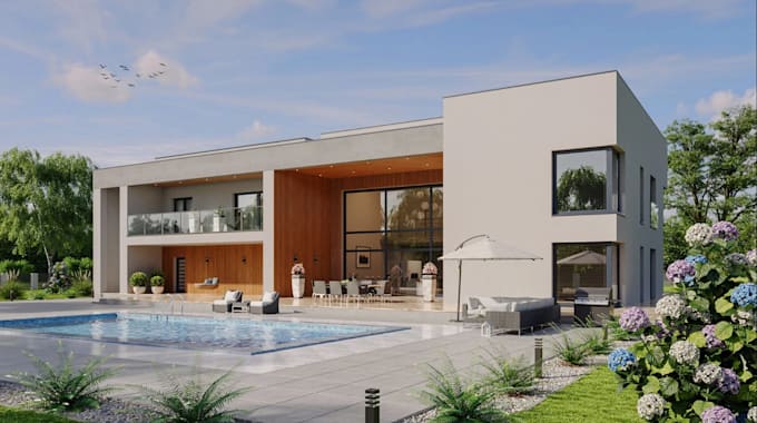 redesign 3d detached duplex, garage basement, pool design,interior cgi rendering