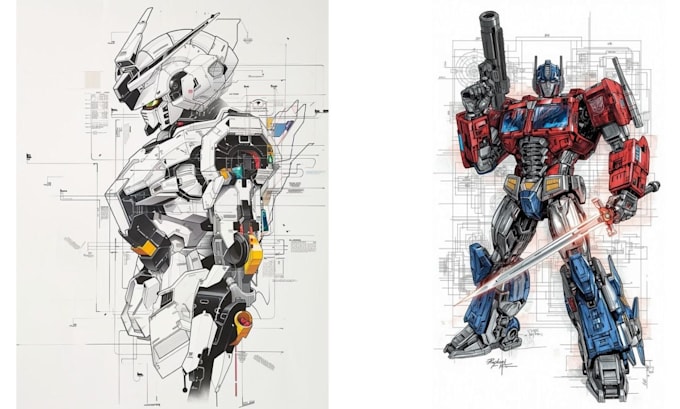 draw anime, mecha, armor, character, concept art or artwork