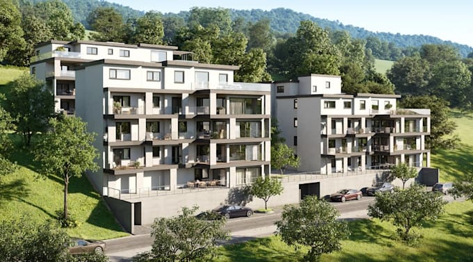 render 3d apartment building, building complex exterior, real estate, interior