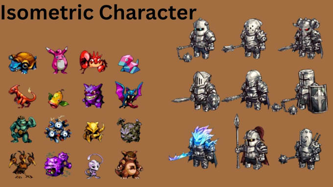 do isometric pixel art assets,game character,sprite sheet and background