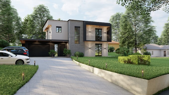 design modern house exterior with realistic 3d render