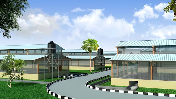 design 3d poultry farm, chicken house, layer house, broiler farm, farm building