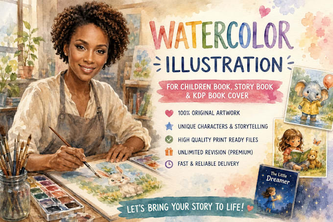 draw watercolor illustration for children book, story book and kdp book cover