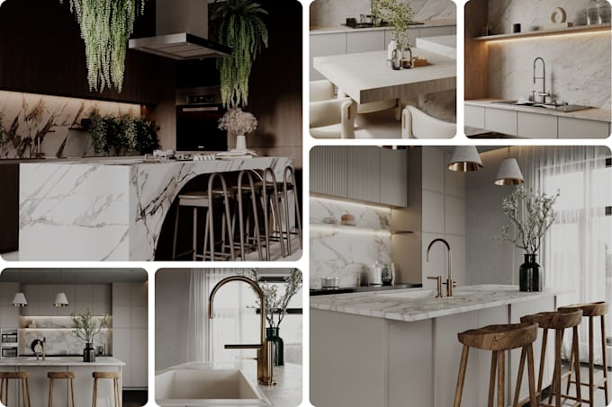 create realistic 3d renders of modern kitchen, cabinets, sink, appliances