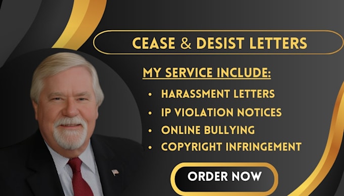 Write cease and desist letter for defamation, harassment, ip violation