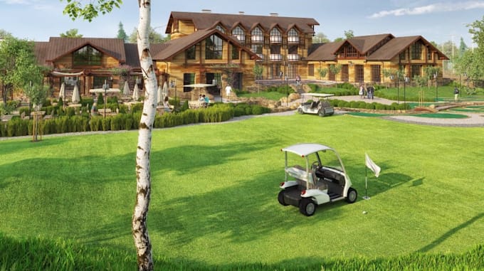 redesign golf area,visualize golf club house,golf simulator render,3d golf venue