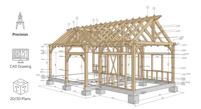 draft timber wood structure, framing plan foundation and trusses plan for permit
