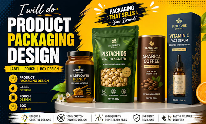 product packaging design, label design, pouch design, box design
