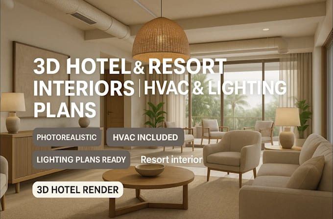 Provide realistic 3d hotel, resort interior design with hvac and ...