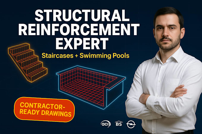 design structural detailing, reinforcement plan for staircase and swimming pool