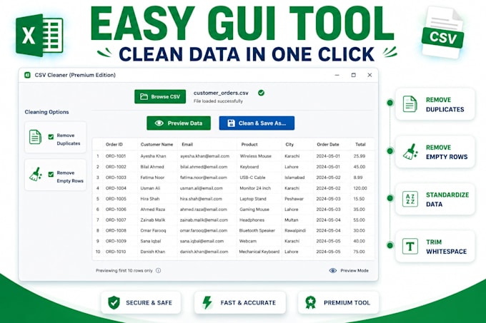 clean excel CSV files with one click gui tool