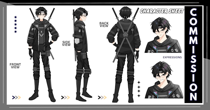 draw custom character sheet, reference sheet design in anime style for oc detail
