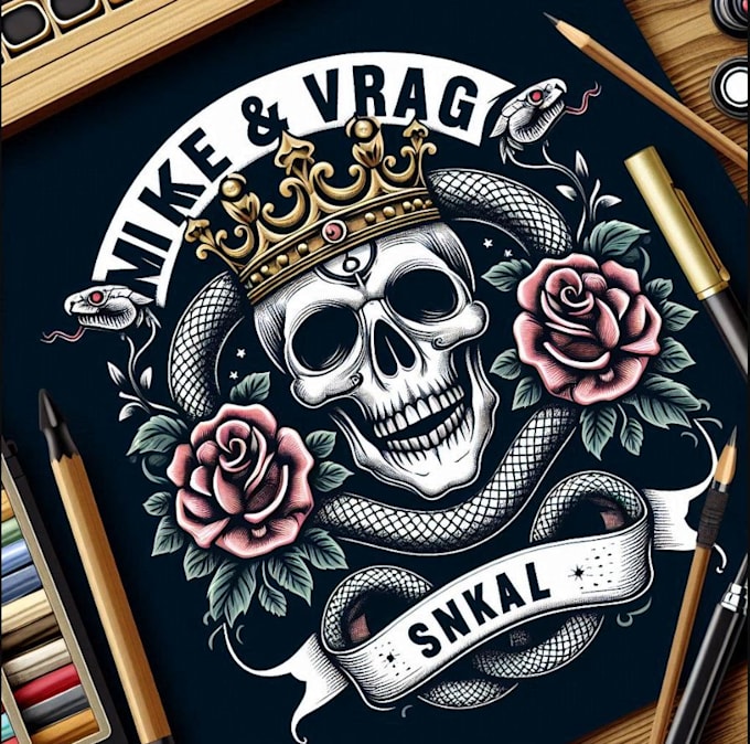 make vintage skull rose crown snake logo