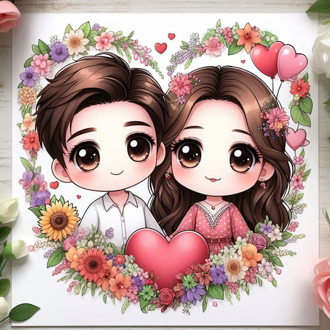 draw cute couple portrait chibi style for valentine gift