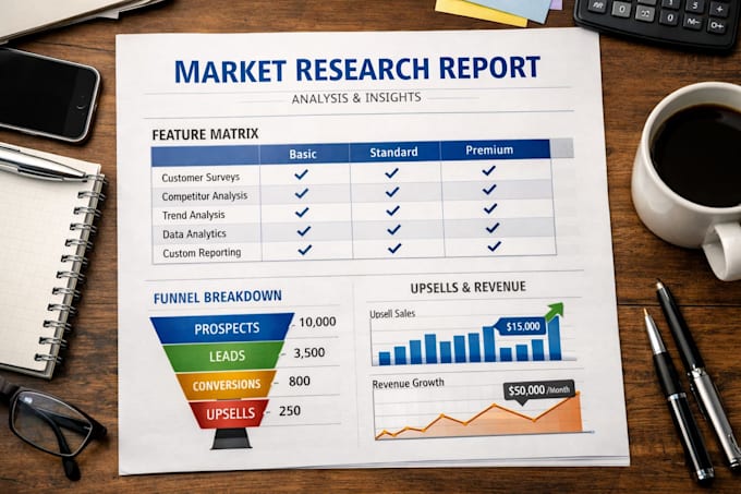 create a market research report with feature matrix funnel upsells breakdown