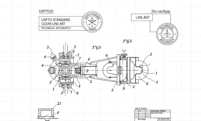 make technical line drawing blueprint 2d vector art patent drawing