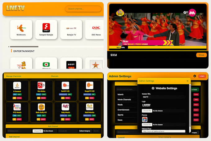 create a premium live TV streaming website with admin panel