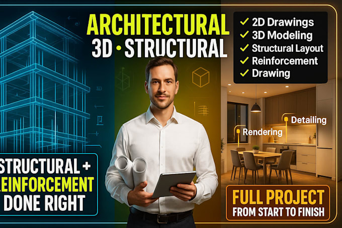 design architectural drawing, 3d layout, structural detailing and reinforcement