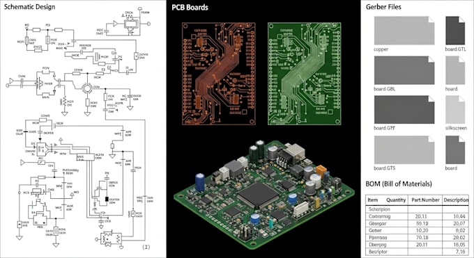 create schematic design, pcb boards, gerber files and bom