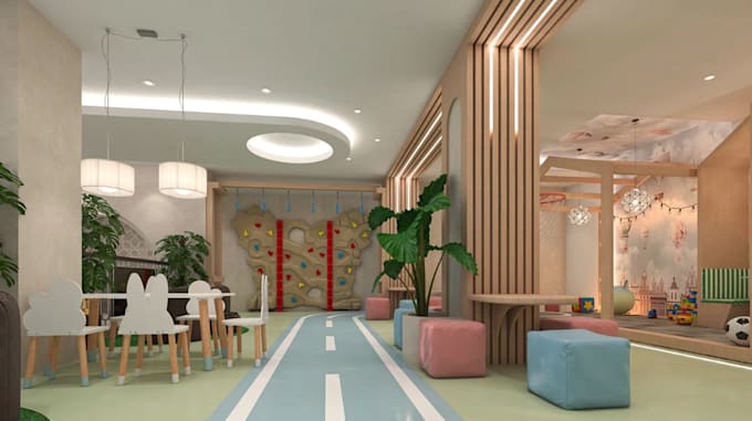visualize 3d modern kids cafe,christmas restaurant render,play area, cake booth