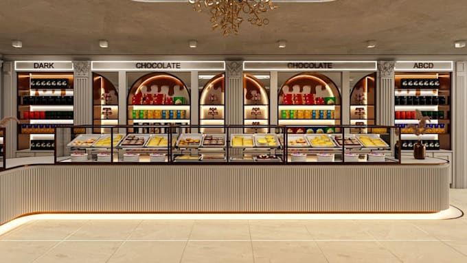 setup 3d cgi bakery shop interior,dessert lounge design,storefront render,layout