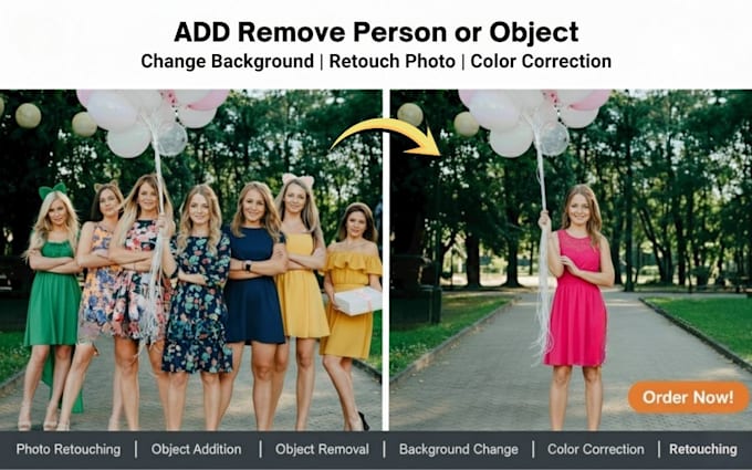image edit add remove object person people from photo, change replace background