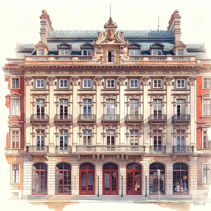 sketch architecture building with watercolor rendering