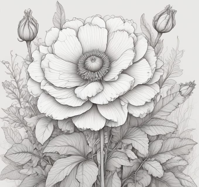 Drawn a highly detailed line art botanical illustration by ...