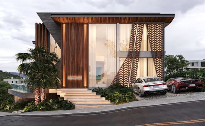 buildup 3d modern luxury villa, tropical exterior, facade, infinity pool render