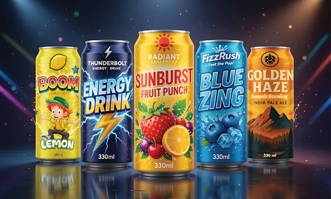 design energy drink, beer, soda, and juice can label