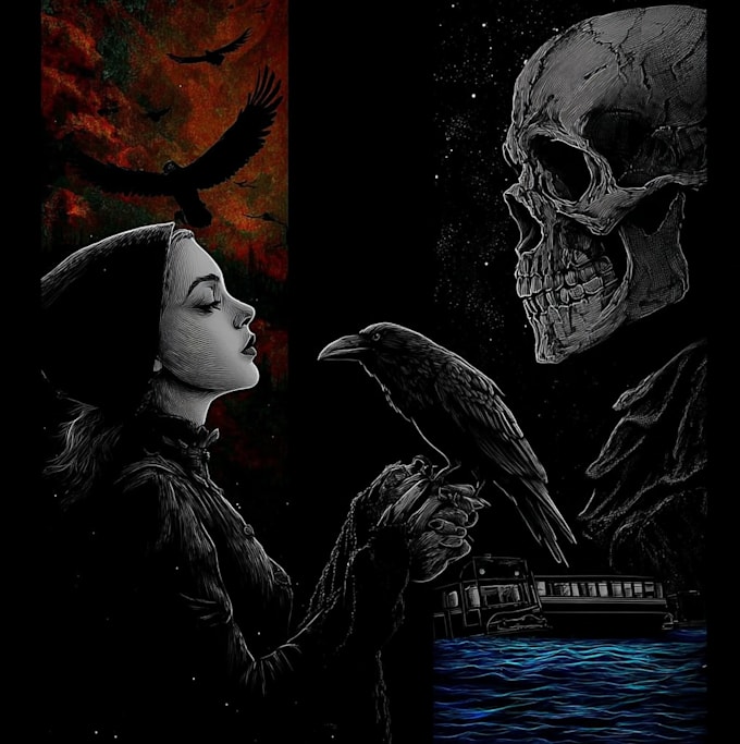 draw a detailed dark art rock gothic illustration