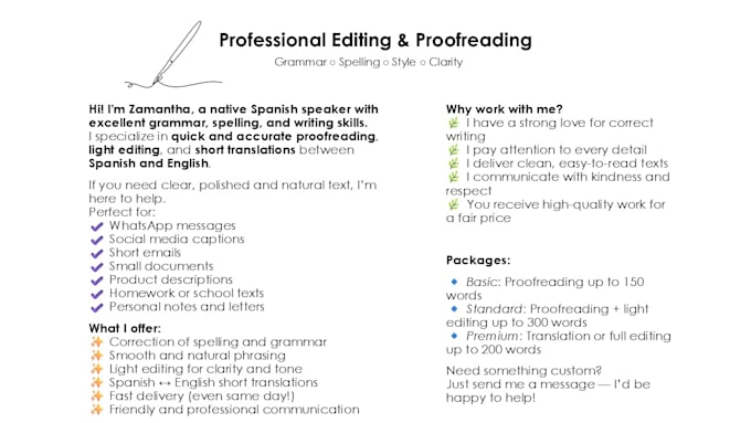 Spanish proofreading, fast and accurate by Zamanthachagoya | Fiverr