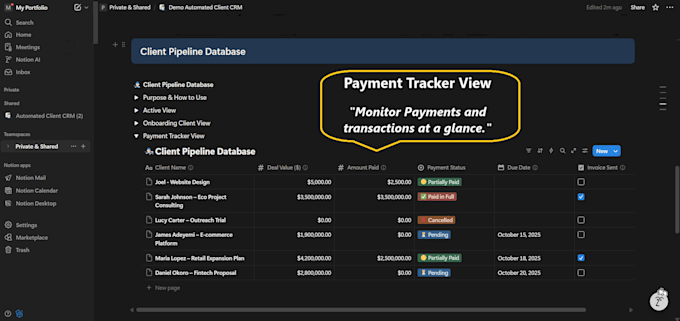 build a custom notion invoice, payment tracker and automation system