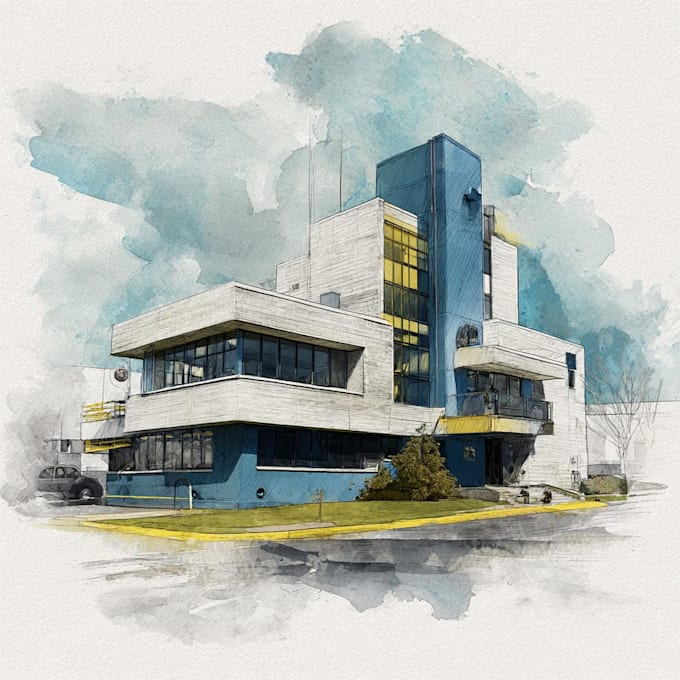 sketch architecture building with watercolor rendering