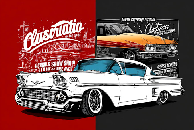 draw classic car illustration for event show tshirt