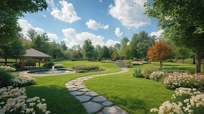 create a  landscape design, garden design, backyard, pool, and terrace