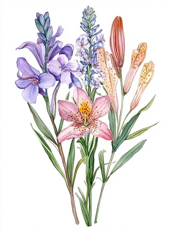 draw botanical illustration flowers for logo, pattern design