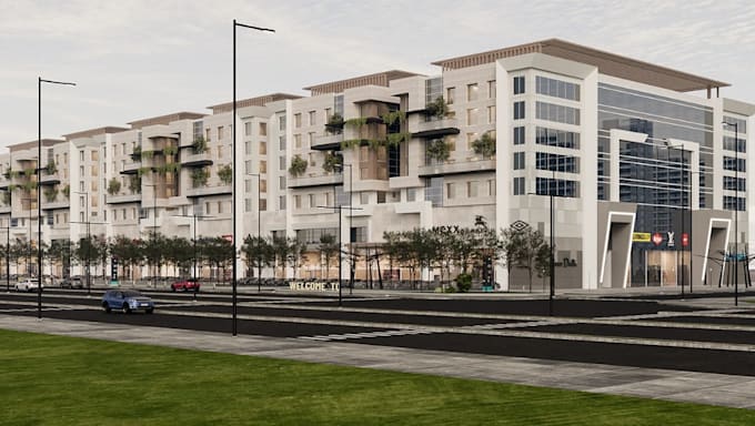cgi commercial complex,3d shopping center,strip mall facade,plaza render,laneway