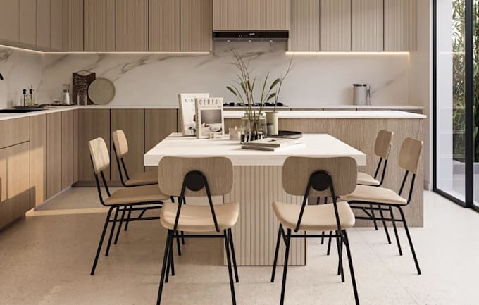 retrofit 3d modern apartment, furniture set, interior layout, cgi kitchen render
