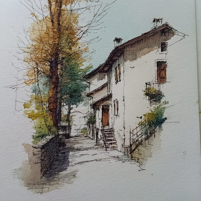 Hand draw landscape sketch watercolor and ink by Voonaraffe | Fiverr