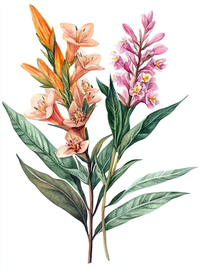 draw botanical illustration flowers for logo, pattern design