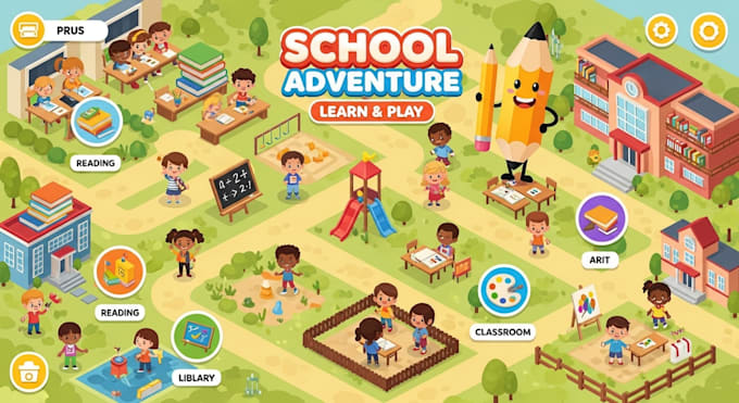 create a kids school adventure learning game math, reading and  mini games