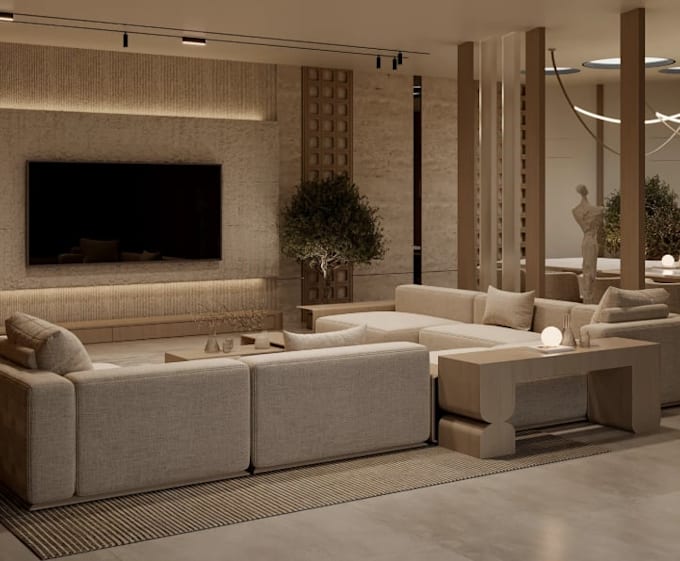 model modern interior design,realistic basement rendering,furniture layout,revit