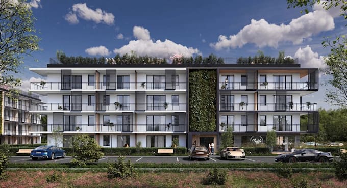 visualize3d modern estate villa facade,urban streetscape render,car park design