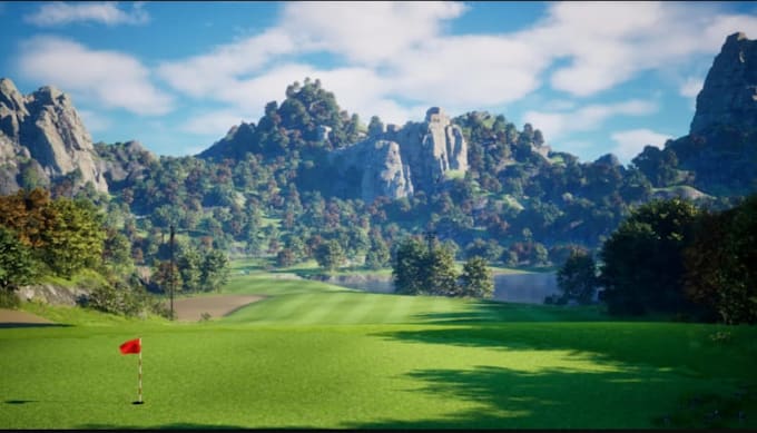 cgi rendering golf course, mini golf field, golf cart park design, golf bays