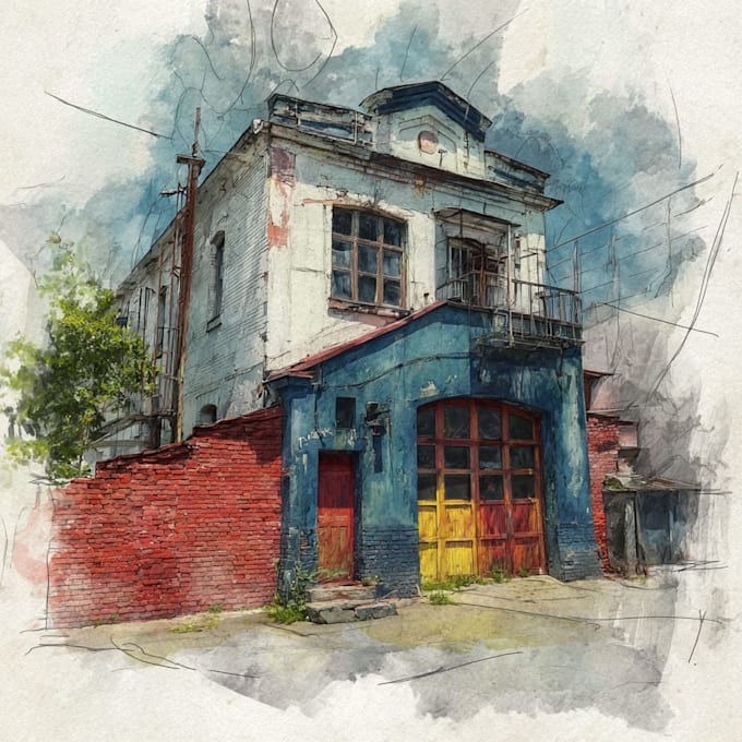 sketch architecture building with watercolor rendering