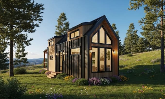 create architectural rendering, tiny house design, small home, model, cabin rend